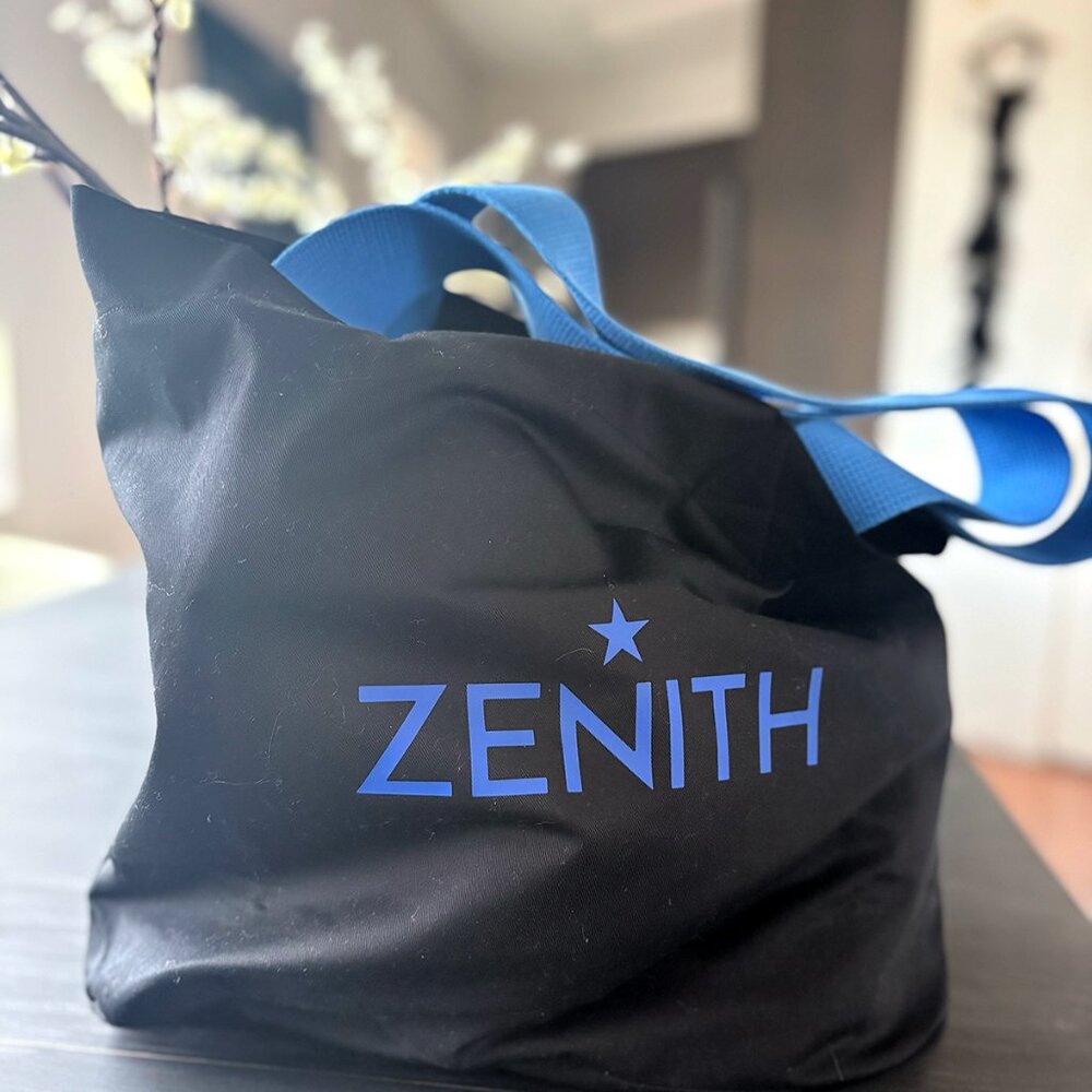 Zenith Swiss Watch Brand Black Canvas Tote Bag Blue Straps